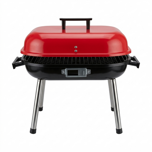 Portable 17-inch square charcoal grill with red lid and black base on a white background
