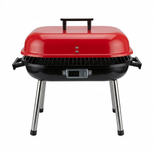 Portable 17-inch square charcoal grill with red lid and black base on a white background