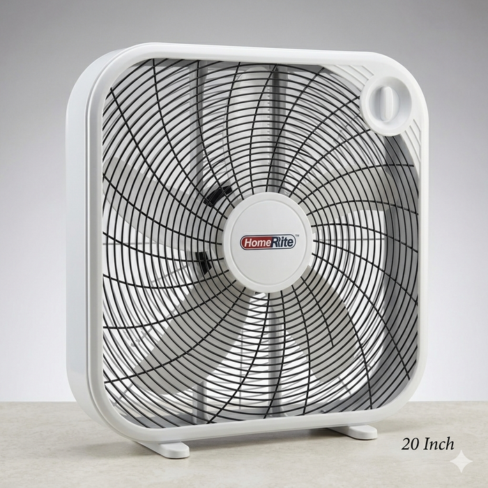 20-inch box fan with 'HomeRite' branding on a gray background