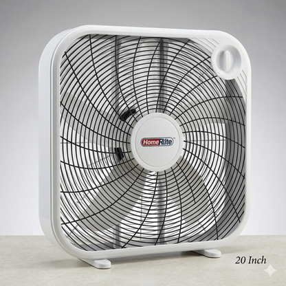 20-inch box fan with 'HomeRite' branding on a gray background
