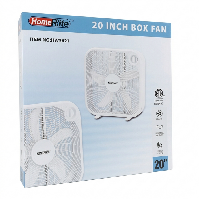 HomeRite 20 inch box fan packaging on a white background