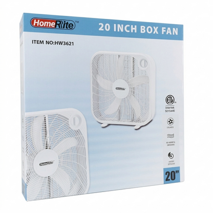HomeRite 20 inch box fan packaging on a white background