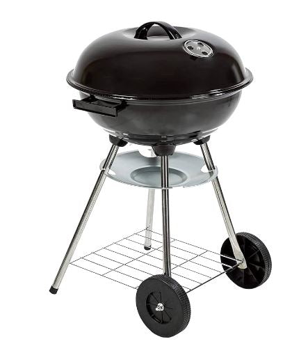 Front view of a 21-inch black charcoal kettle grill with wheels and bottom storage rack.