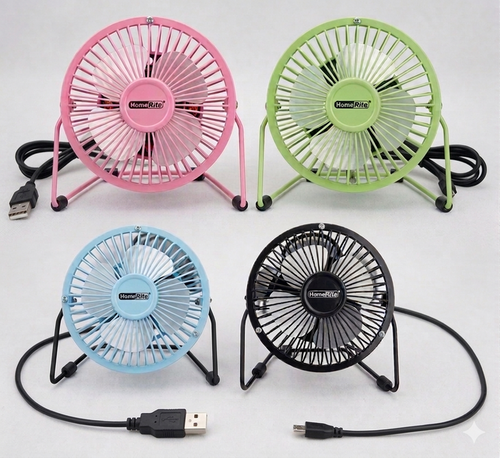 Four small USB fans in pink, green, blue, and black on a white background.