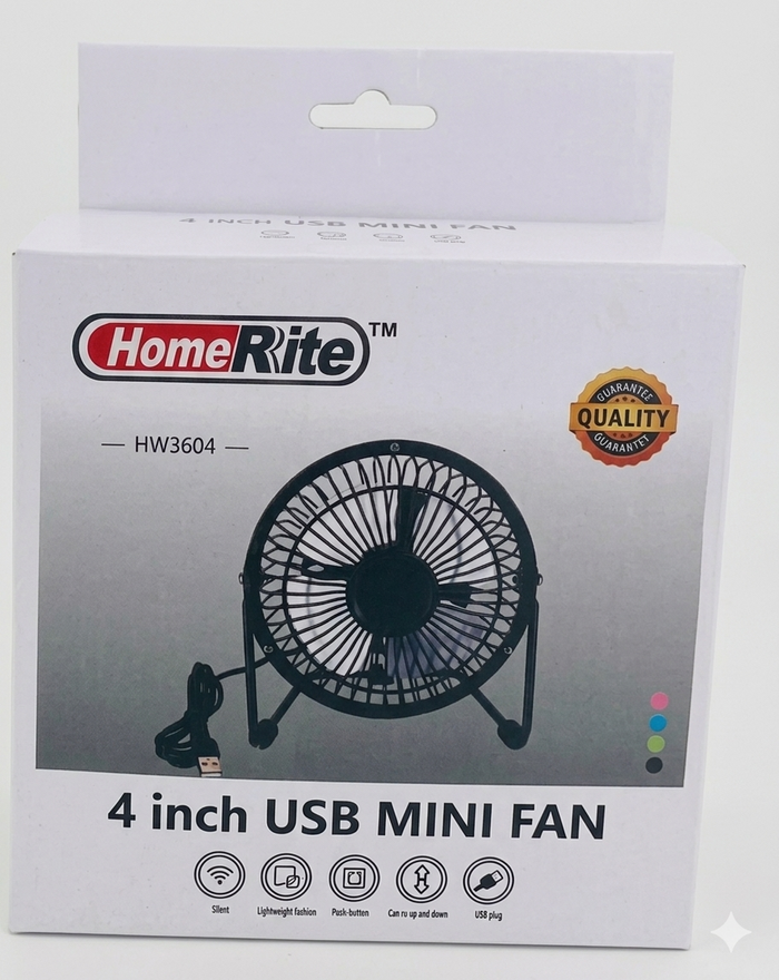 HomeRite 4 inch USB mini fan packaging on a white background