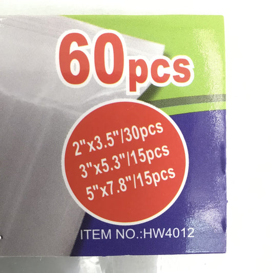 Packaging with '60 pcs' text and size specifications on a colorful background