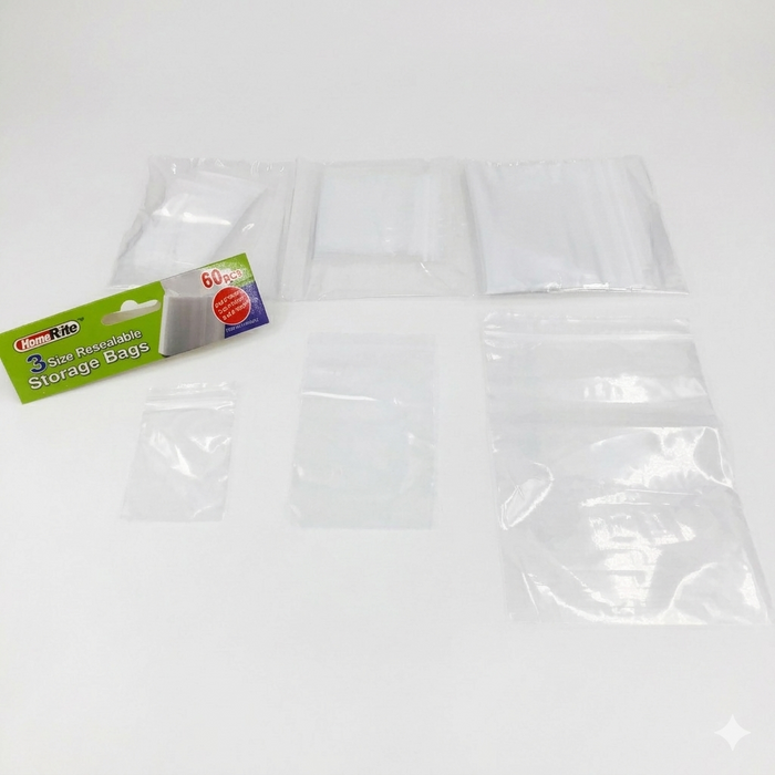 Clear storage bags with a HomeRite packaging label on a white background