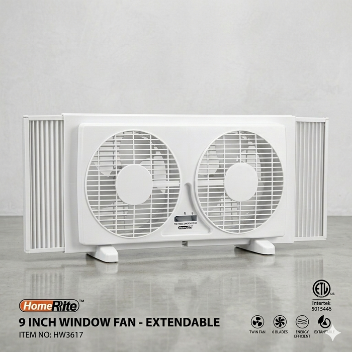 White HomeRite 9-inch window fan on a gray background