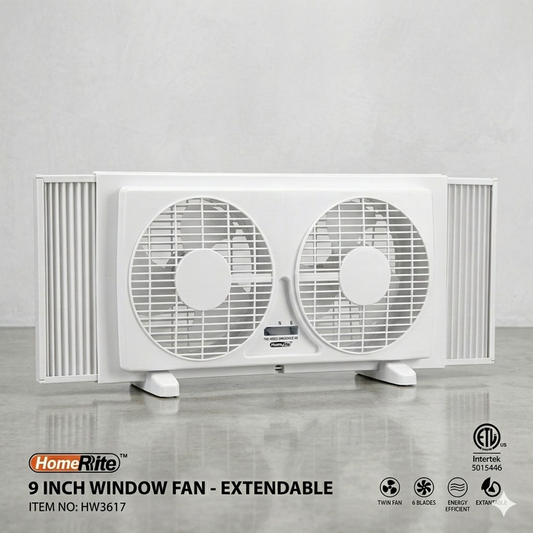 White HomeRite 9-inch window fan on a gray background