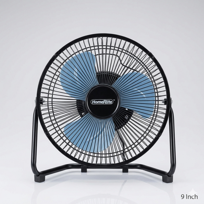 9-inch floor fan with blue blades and black frame on a white background