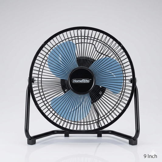 9-inch floor fan with blue blades and black frame on a white background