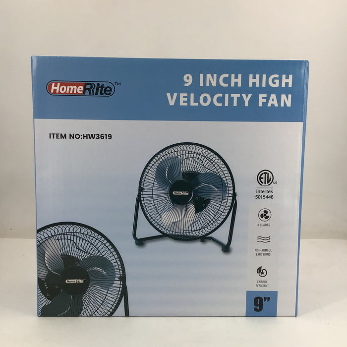 Box of HomeRite 9-inch high velocity fan on a white background