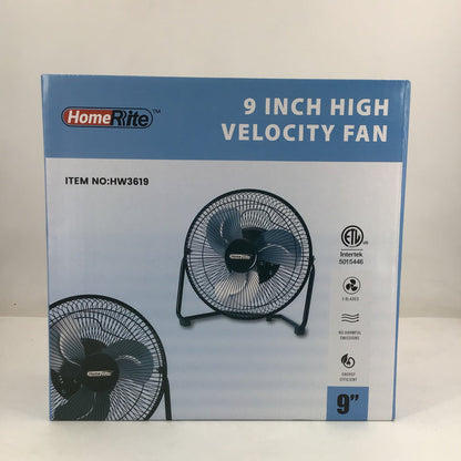 Box of HomeRite 9-inch high velocity fan on a white background