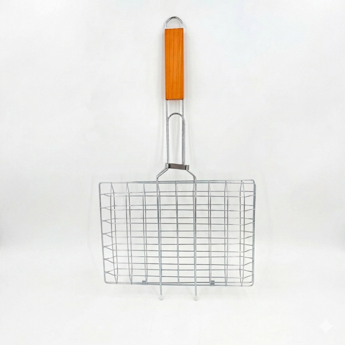 BBQ grill basket with wooden handle in packaging on a white background
