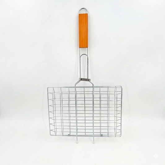 BBQ grill basket with wooden handle in packaging on a white background