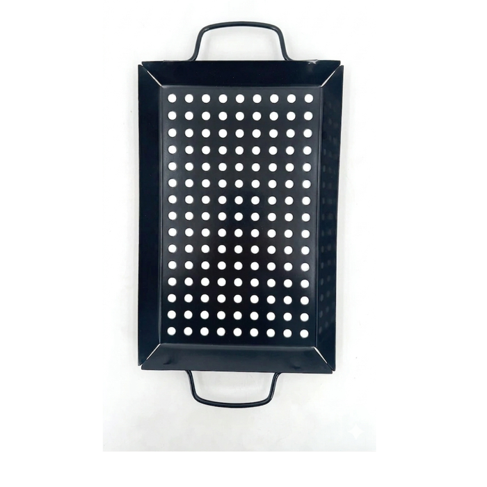 Black perforated grill basket on a white background