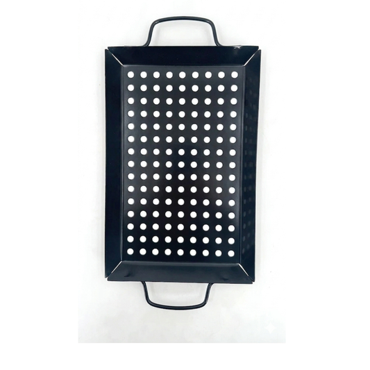 Black perforated grill basket on a white background