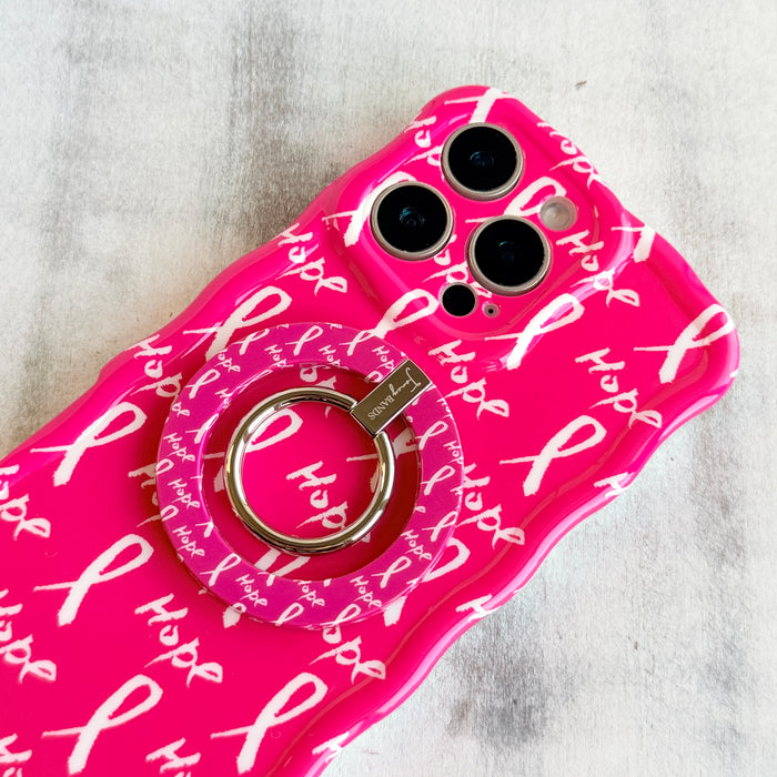 Hope Print MagSafe phone grip ring with pink background white awareness ribbons and hope text compatible with iPhone and Samsung
