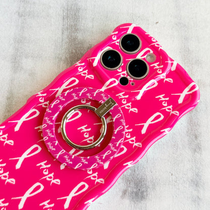 Hope Print MagSafe phone grip ring with pink background white awareness ribbons and hope text compatible with iPhone and Samsung