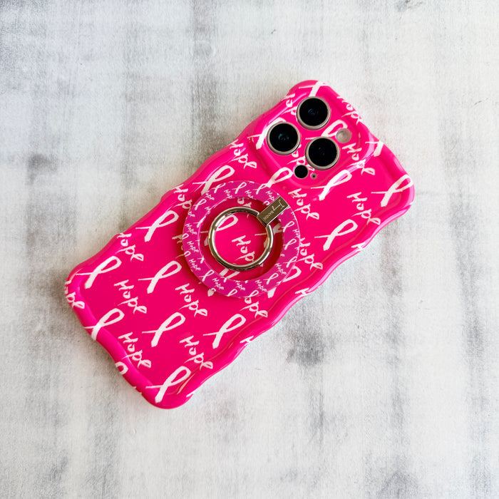 Hope Print MagSafe phone grip ring with pink background white awareness ribbons and hope text compatible with iPhone and Samsung