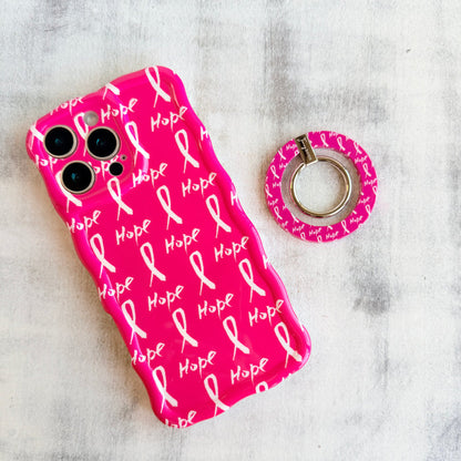Hope Print MagSafe phone grip ring with pink background white awareness ribbons and hope text compatible with iPhone and Samsung