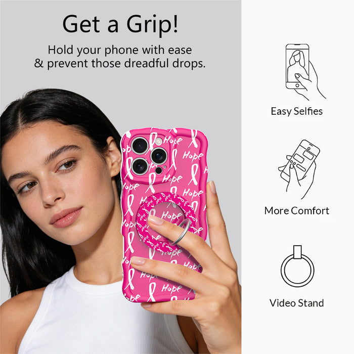 Hope Print MagSafe phone grip ring with pink background white awareness ribbons and hope text compatible with iPhone and Samsung