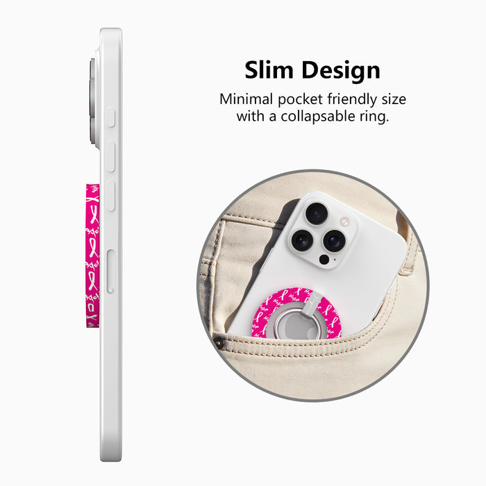 Hope Print MagSafe phone grip ring with pink background white awareness ribbons and hope text compatible with iPhone and Samsung