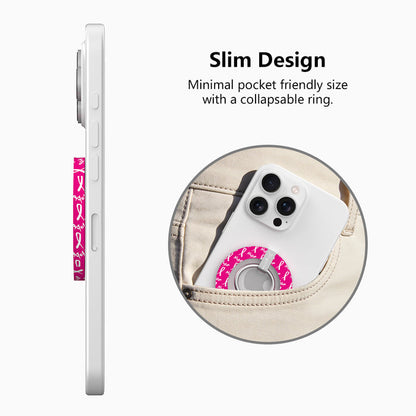 Hope Print MagSafe phone grip ring with pink background white awareness ribbons and hope text compatible with iPhone and Samsung