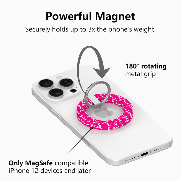 Hope Print MagSafe phone grip ring with pink background white awareness ribbons and hope text compatible with iPhone and Samsung