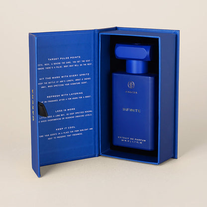 Front view of Infinite bottle showcasing matte cobalt-blue bottle inside matching blue presentation box