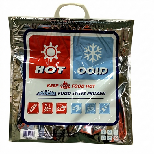Insulated thermal bag with 'Hot' and 'Cold' labels on a white background