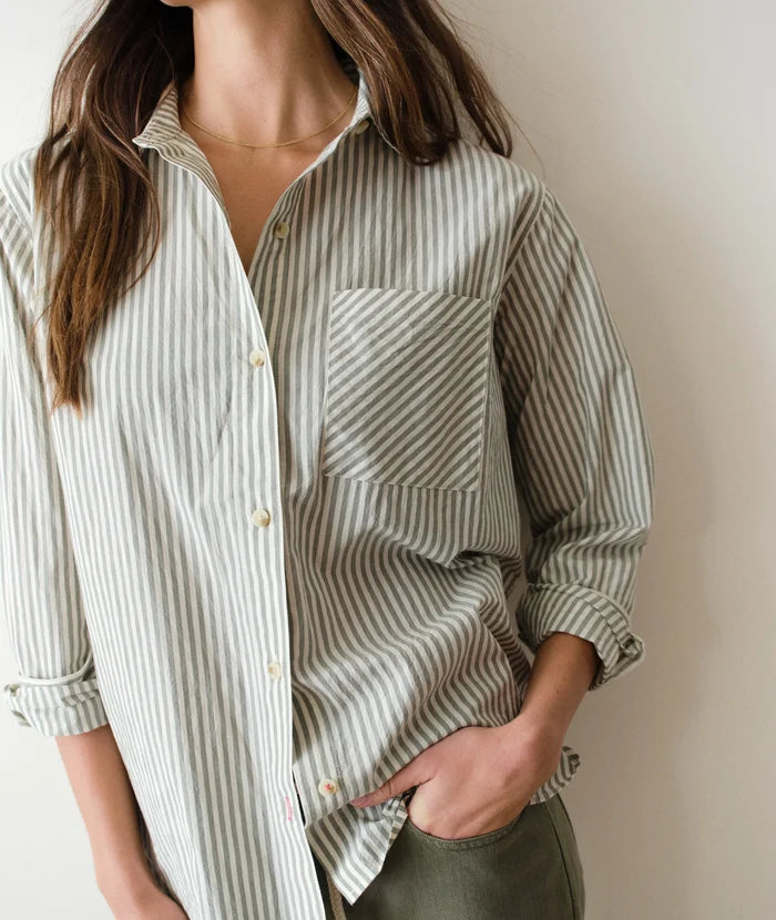 Jane Relaxed Shirt In Cali Poplin Olive Stripe