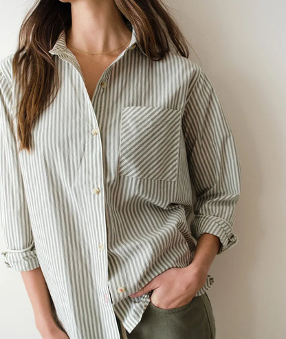 Jane Relaxed Shirt In Cali Poplin Olive Stripe