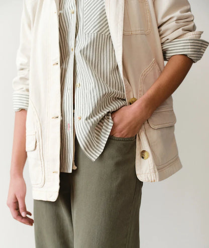 Jane Relaxed Shirt In Cali Poplin Olive Stripe
