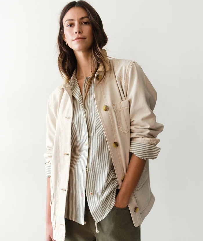 Jane Relaxed Shirt In Cali Poplin Olive Stripe