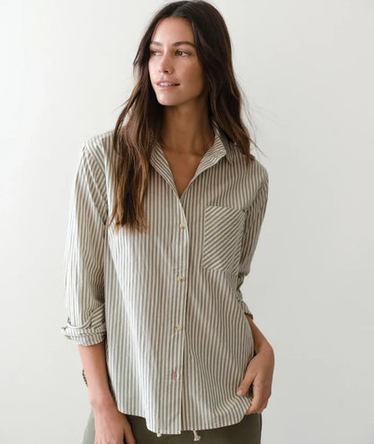 Jane Relaxed Shirt In Cali Poplin Olive Stripe
