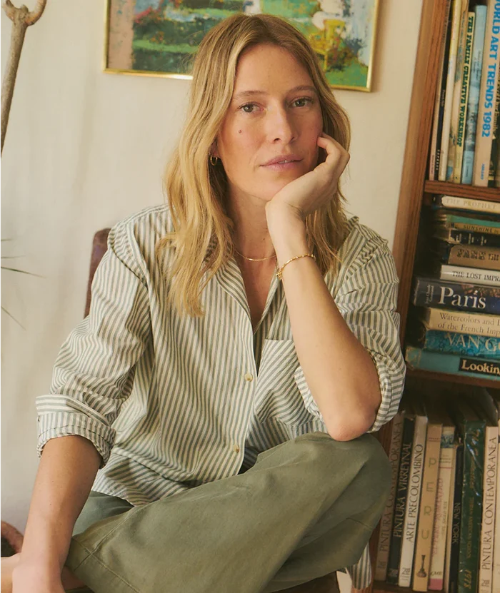 Jane Relaxed Shirt In Cali Poplin Olive Stripe