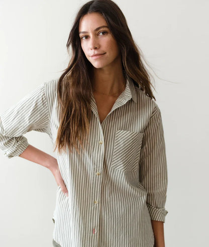 Jane Relaxed Shirt In Cali Poplin Olive Stripe