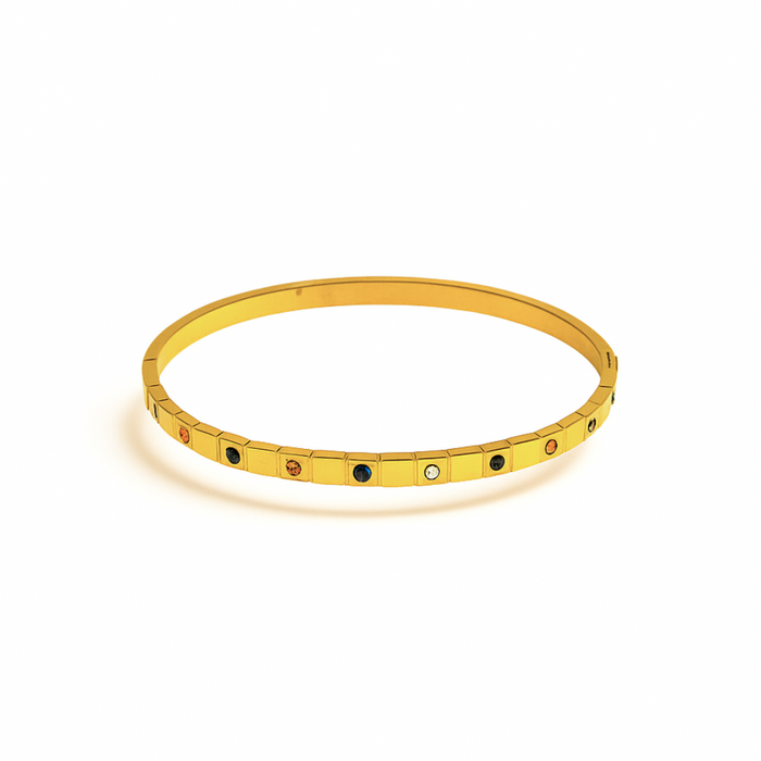 Gold bangle with square segments and colorful gemstones, Coconut Lanes waterproof Jewelbeam Bangle.