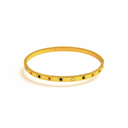 Gold bangle with square segments and colorful gemstones, Coconut Lanes waterproof Jewelbeam Bangle.