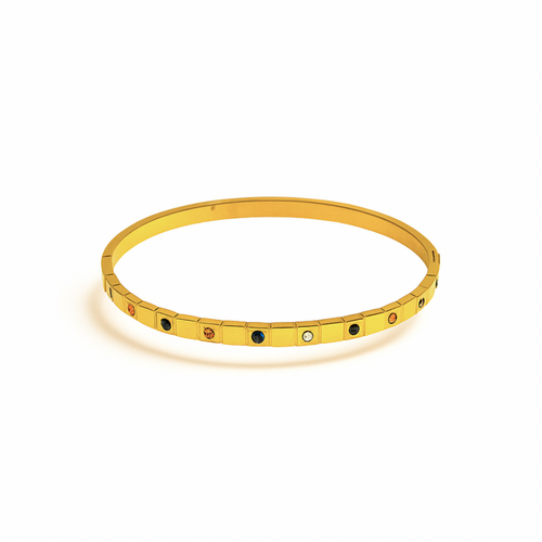Gold bangle with square segments and colorful gemstones, Coconut Lanes waterproof Jewelbeam Bangle.