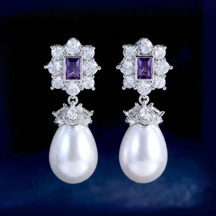Bridal & Event Jewelry | Elegant Pearl Earrings with Purple Cubic Zirconia