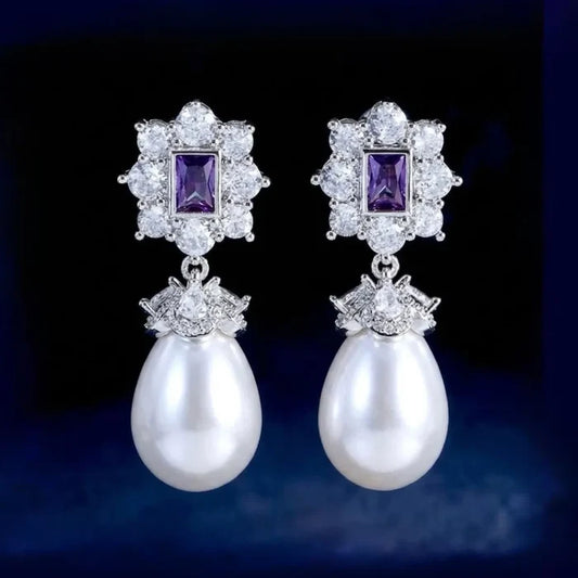 Bridal & Event Jewelry | Elegant Pearl Earrings with Purple Cubic Zirconia