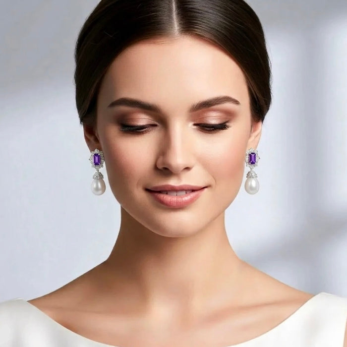 Bridal & Event Jewelry | Elegant Pearl Earrings with Purple Cubic Zirconia