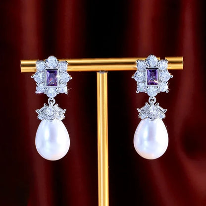 Bridal & Event Jewelry | Elegant Pearl Earrings with Purple Cubic Zirconia