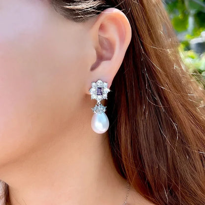 Bridal & Event Jewelry | Elegant Pearl Earrings with Purple Cubic Zirconia