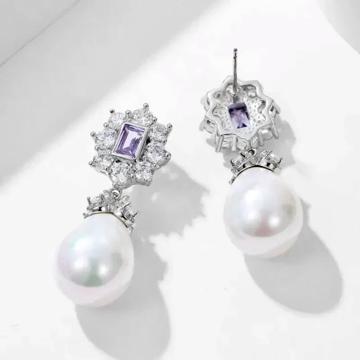 Bridal & Event Jewelry | Elegant Pearl Earrings with Purple Cubic Zirconia