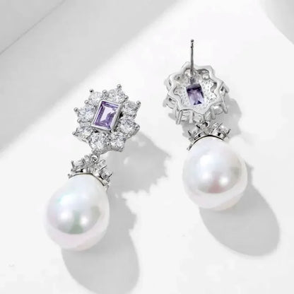 Bridal & Event Jewelry | Elegant Pearl Earrings with Purple Cubic Zirconia