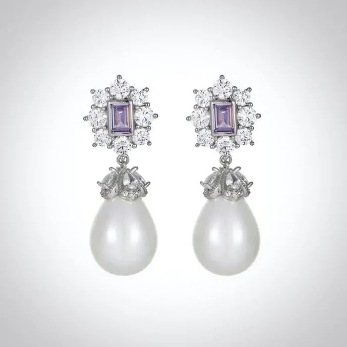 Bridal & Event Jewelry | Elegant Pearl Earrings with Purple Cubic Zirconia