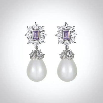 Bridal & Event Jewelry | Elegant Pearl Earrings with Purple Cubic Zirconia